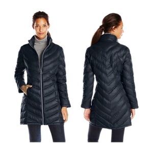 Calvin Klein Packable Down Puffer Coat Gray Long Jacket Womens Small Zip EUC